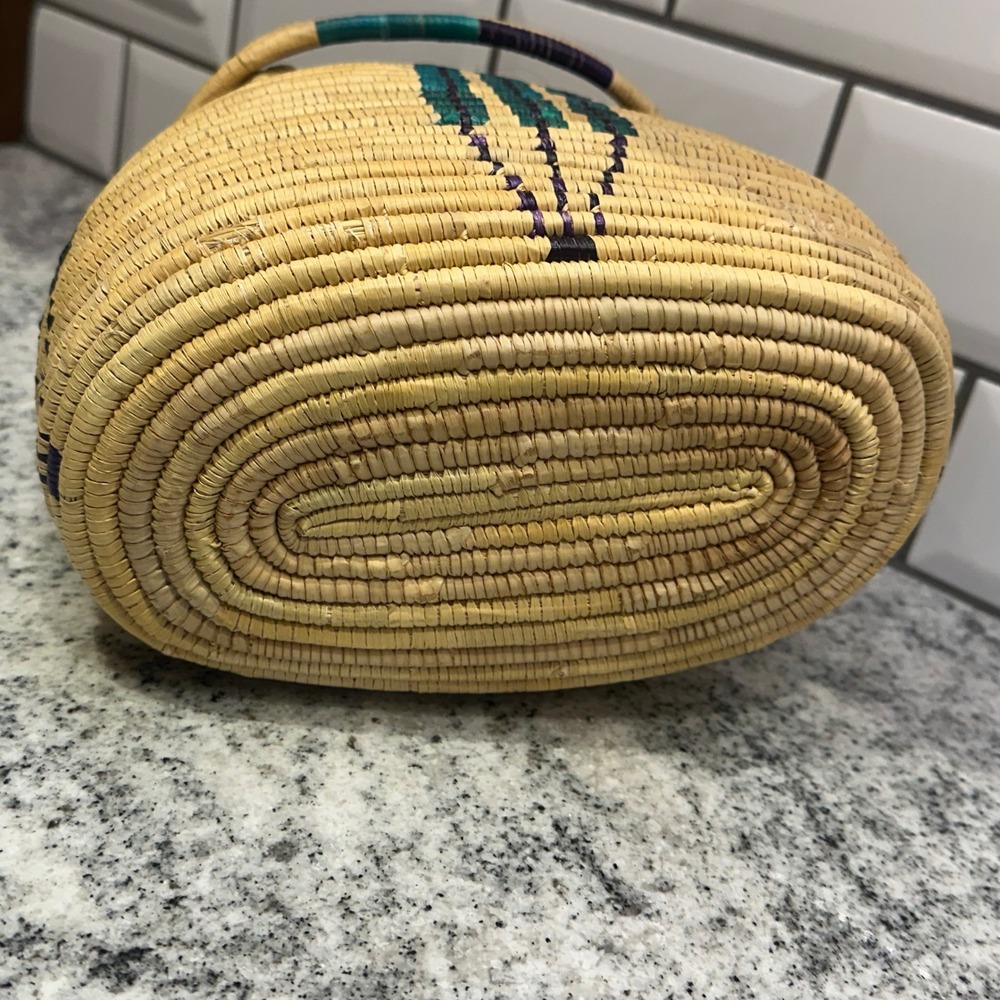 Handcrafted Woven Basket Bag with Lid Teal Purple Geometric Natural Straw Tan - Picture 6 of 13